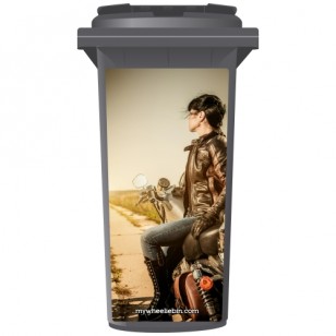 Biker Chick On A Motorbike Wheelie Bin Sticker Panel